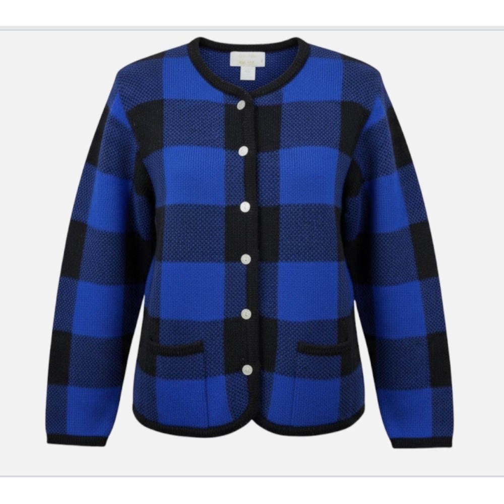 VTG Tally Ho Buffalo Check Cardigan Sweater – Blue/Black Plaid Acrylic Size L